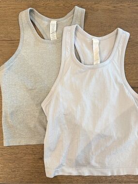 Ribbed Racerback Crop Tank Top Built in Bra - Light Gray & Pale Blue